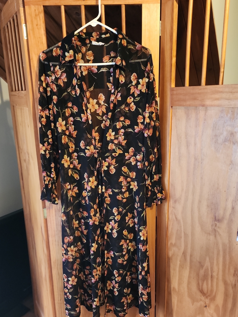 Black Sheer Floral Long Sleeve Open Tunic  with Tie Waist